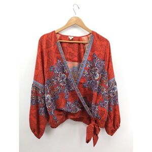 Reba Boho Wrap Crop Top Women Paisley Smocked Waist Peasant Blouse Festival HH04